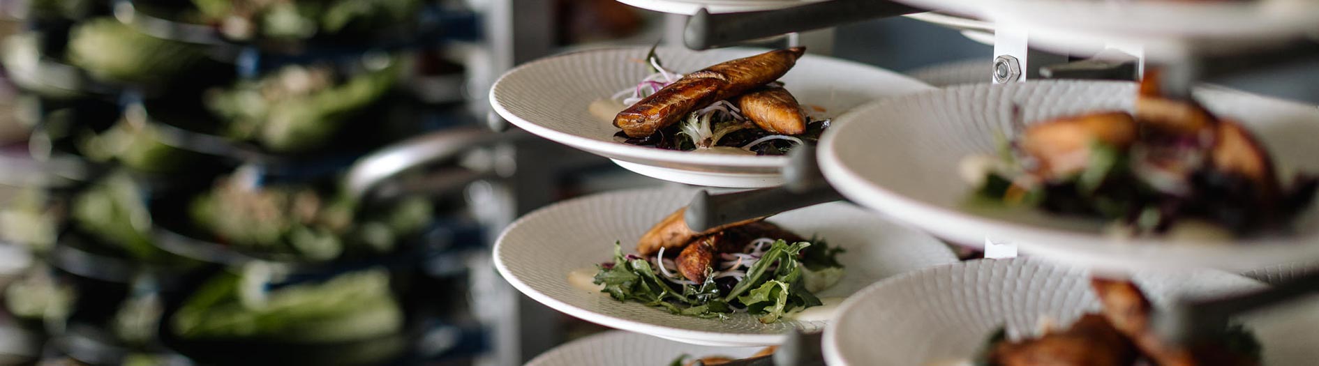 Plated meals lined up ready to serve at an event.