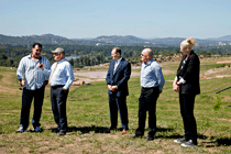 Former National Football League player, Mal Meninga speaks to National Arboretum Canberra Chairman John Mackay, as sports stars (Left to Right) David Campese, Robert de Castella and Lauren Jackson look on. Click for larger image.