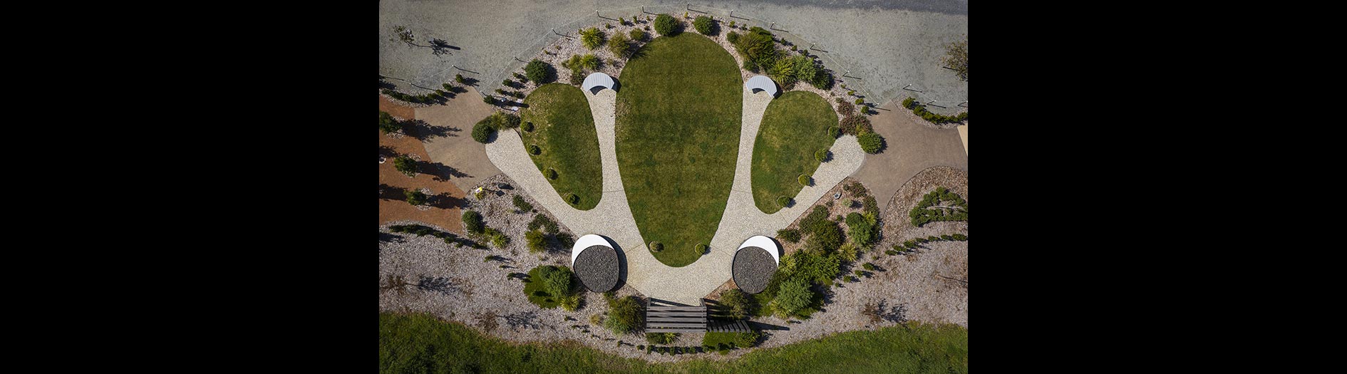 aerial perspective of designed garden with seedling starting to establish