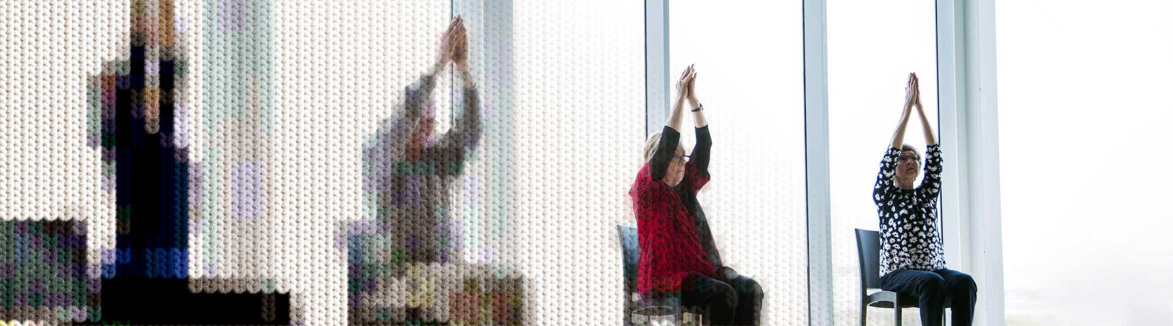 four adults seated on chairs move their arms in front. A knit effect has been applied to the image to create a wintery feel