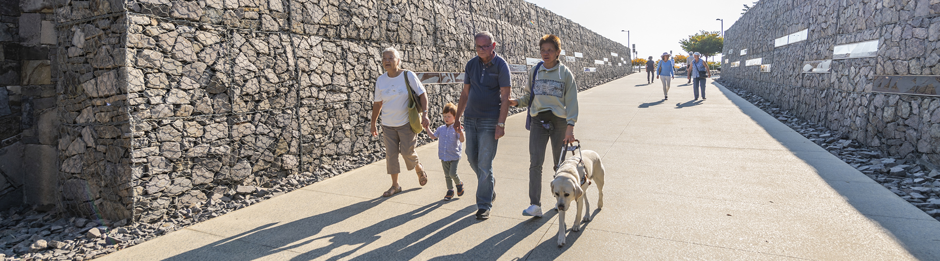 Photo of family walking along concrete ramp known as the cutting, with an assistance dog