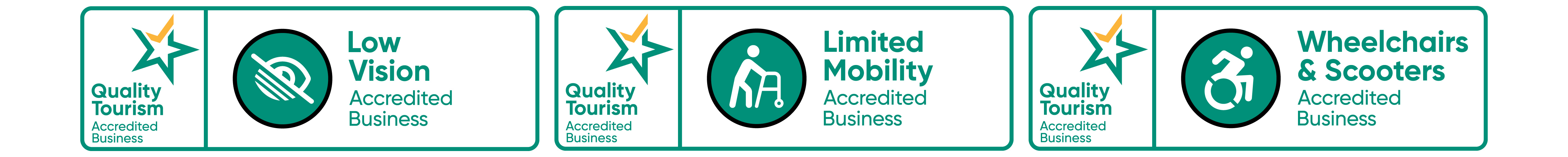 Quality Tourism Accreditations badges for Low Vision, Limited Mobility, Wheelchairs & Scooters