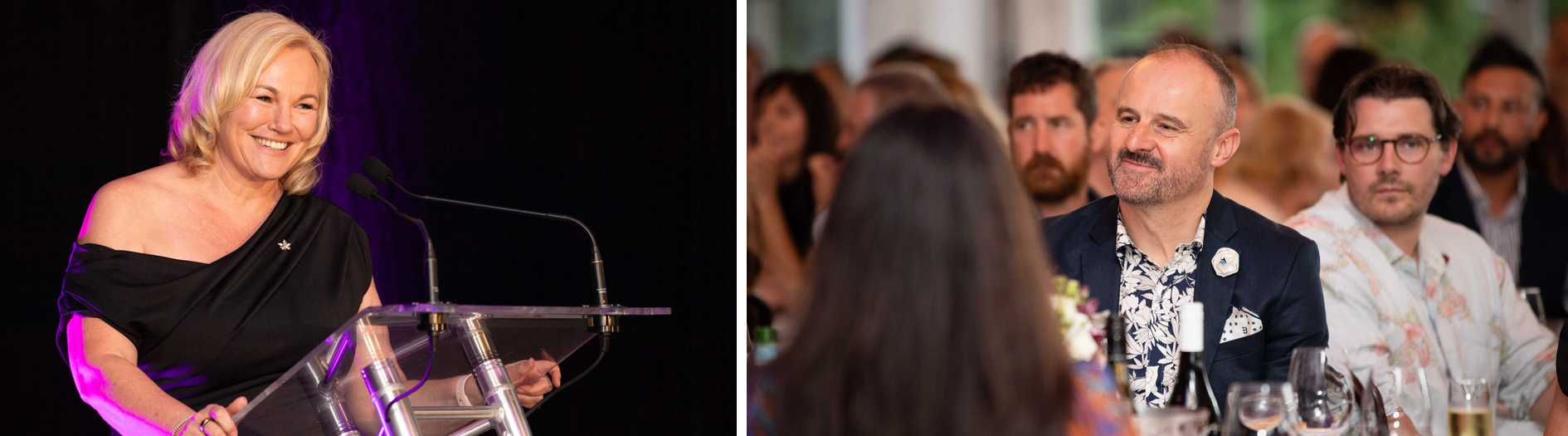 Two images, Managing Director of Tourism Australia Pip at the lectern. On the right a photo of ACT Chief Minister seated at a table listening to the awards announcements.