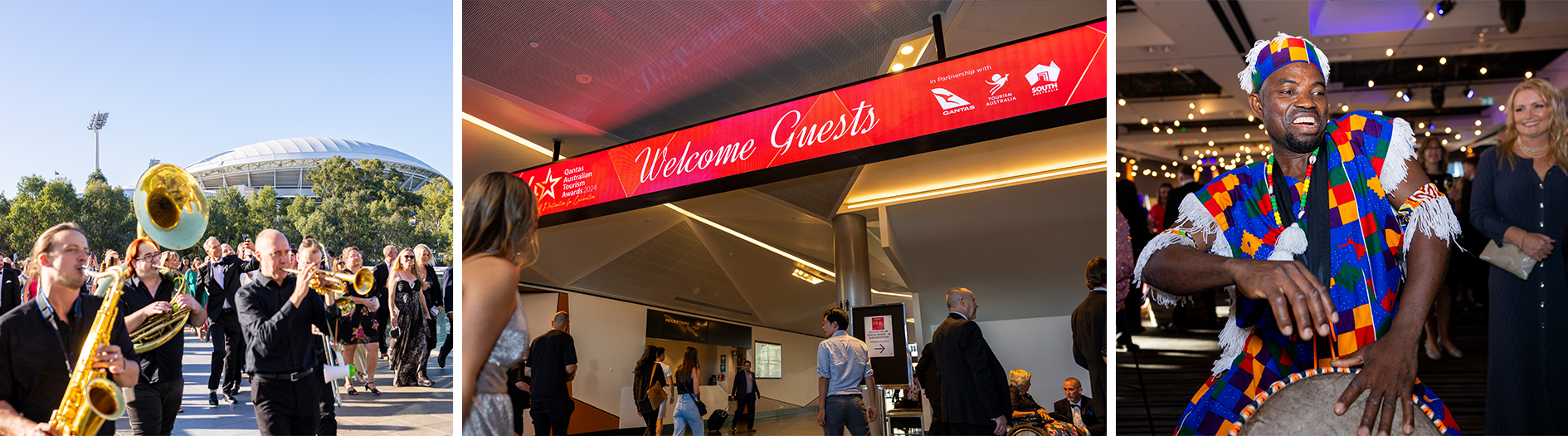 Image collage: Left: Brass band on street in Adelaide, Middle: Welcome banner for Qantas Australian Tourism Awards with people walking under the sign, Right: musician plays drums in colourful clothing. 