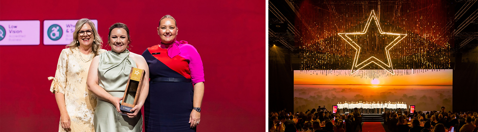Image collage: Left image: 3 women stand together for a photo, Left is Penny Fowler, Chair of Tourism Australia. Middle is Arboretum staff member Michelle McMahon holding gold award. Right is Qantas Australia representative. Right image: The awards stage in the Adelaide Convention Centre. A choir stands on the stage dressed in white. 