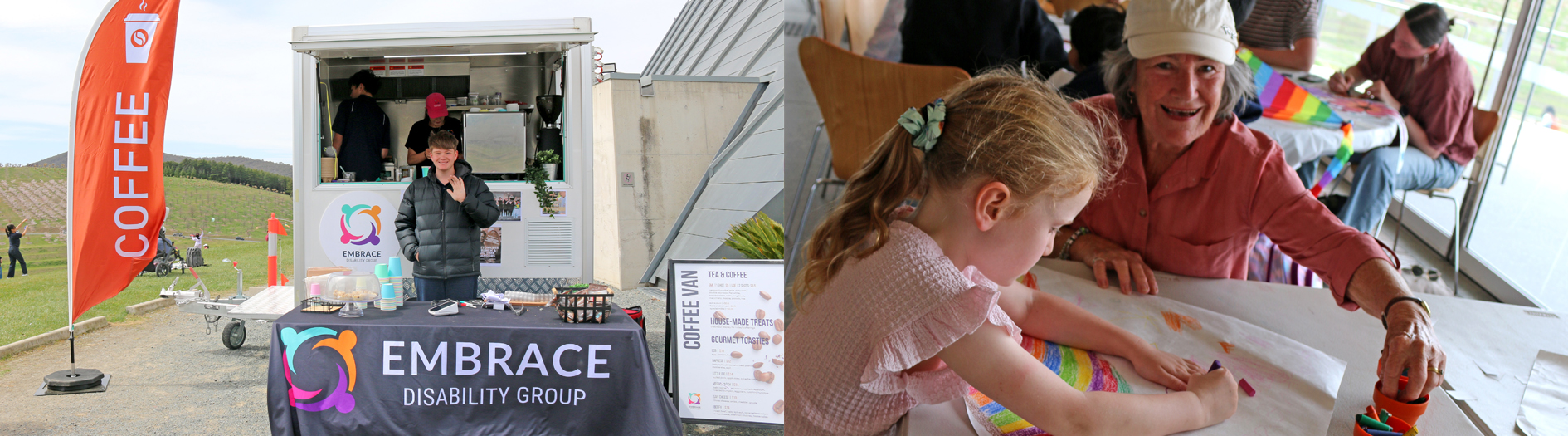 Split screen image, with a coffee van supporting disability groups in the first image. The second image of a young girl colouring in kite sail at a workshop with an older woman smiling as she assists the child