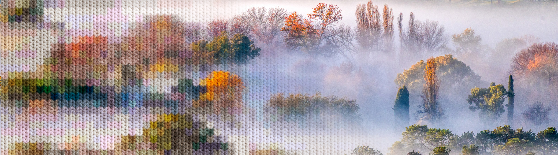 A wide panoramic image blending two visual textures: the left side features a close-up, grid-like pattern resembling a textured woven or knitted fabric with soft pastel and earthy tones arranged abstractly, while the right side transitions into a misty outdoor landscape of trees. The landscape shows layers of trees in varying heights and shapes, partially obscured by soft fog, with autumn colors such as warm oranges, greens, and muted browns. The atmosphere is hazy and serene, with diffused light and a gentle gradient between the fabric-like pattern and the natural scenery.