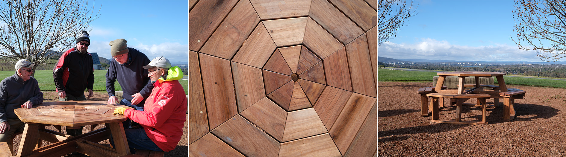 A split image feature a group of men sitting at a wooden picnic bench, the centre image features an intricate octagonal design made of timber, the third image showcases the picnic bench sitting in a grassy garden setting with beautiful city landscape views behind it