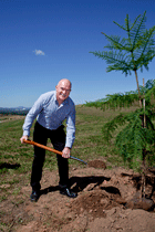Former world marathon champion, Robert de Castella with a shovel full of earth in hand for the planting. Click for larger image.