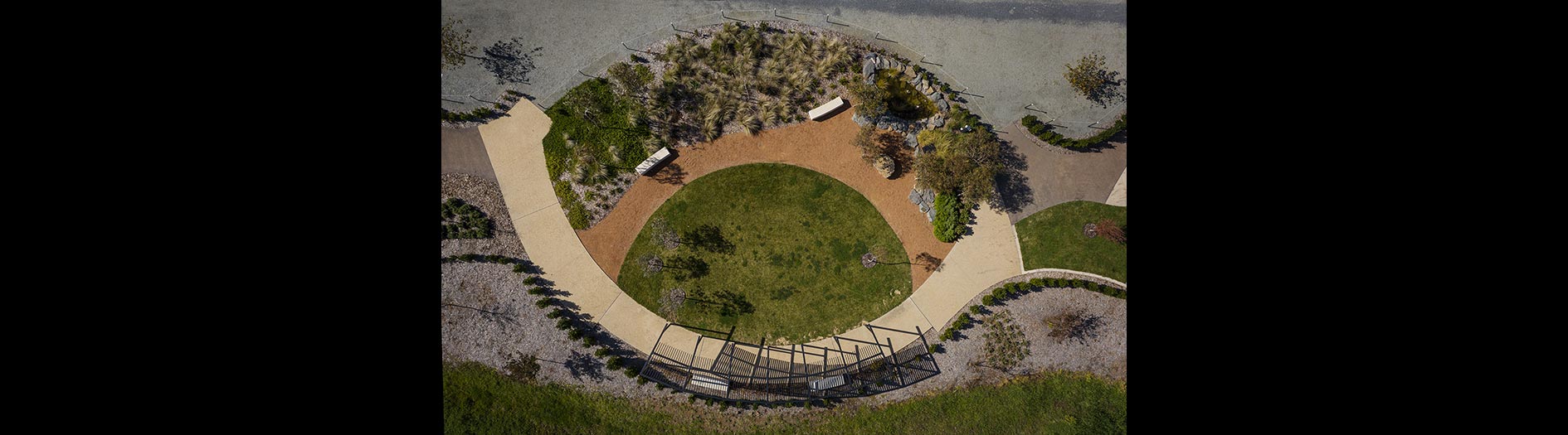 aerial perspective of designed garden with seedling starting to establish