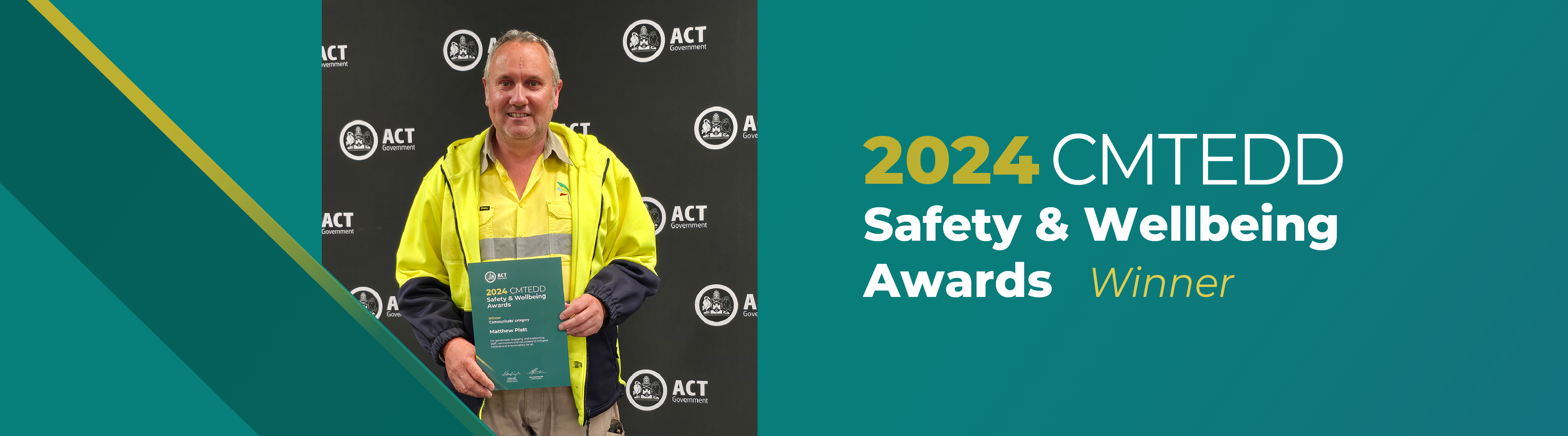 Green graphical background with smaller photo of Matt Platt in high vis uniform, holding his award, overlayed on the graphical bakground.