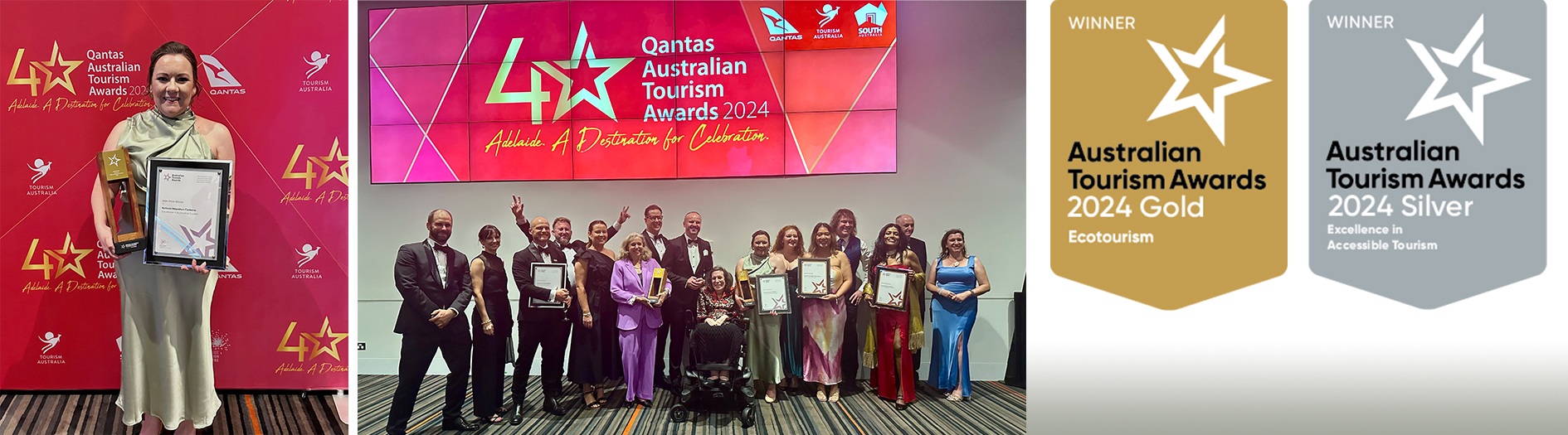 Image collage: Left: Arboretum staff member Michelle McMahon proudly holds Gold award for 'Ecotourism' and Silver award for 'Excellence in Accessibility' from the Qantas Australian Tourism Awards 2024, she stands in front of a vibrant red sponsor wall. Middle: Group of Qantas Australian Tourism Awards 2024 attendees from the Canberra ACT region stand together for a group photo holding awards, red graphic logo of the tourism awards is displayed on a screen above. Right: Graphic Gold and Silver award badges.