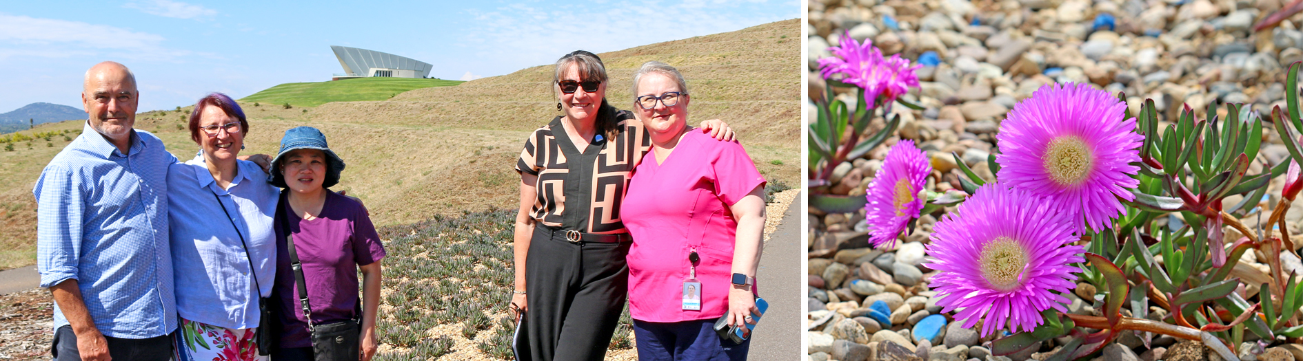 Close family and friends of Dr Marta Kot gather for a photo before her green and pink garden bed of pigface flowers