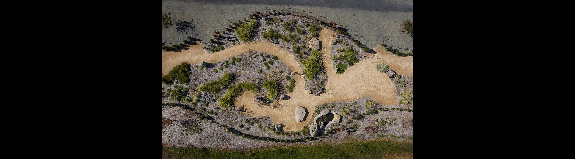 aerial perspective of designed garden with seedling starting to establish
