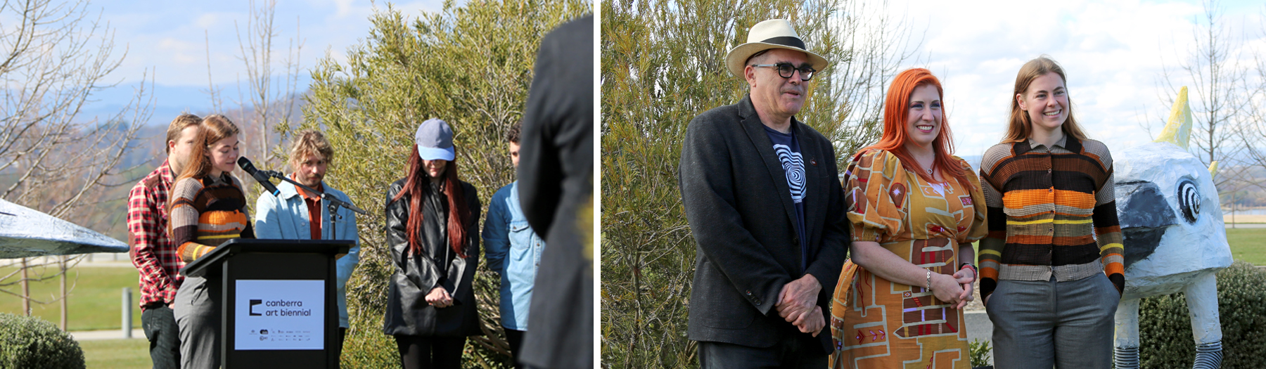 Left photo of Tegan Garnett as our inaugural creative producer for the 2024 Canberra Art Biennial speaking.Right photo, Neil Hobbs, Tara Cheyne and Tegan Garnett 