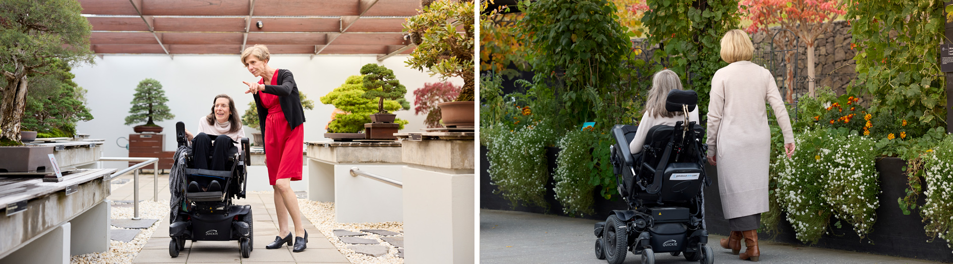 Left image of two ladies exploring the bonsai collection, one if the ladies using a powered chair. Right image two ladies in the discovery garden, one of the ladies in a powered chair.