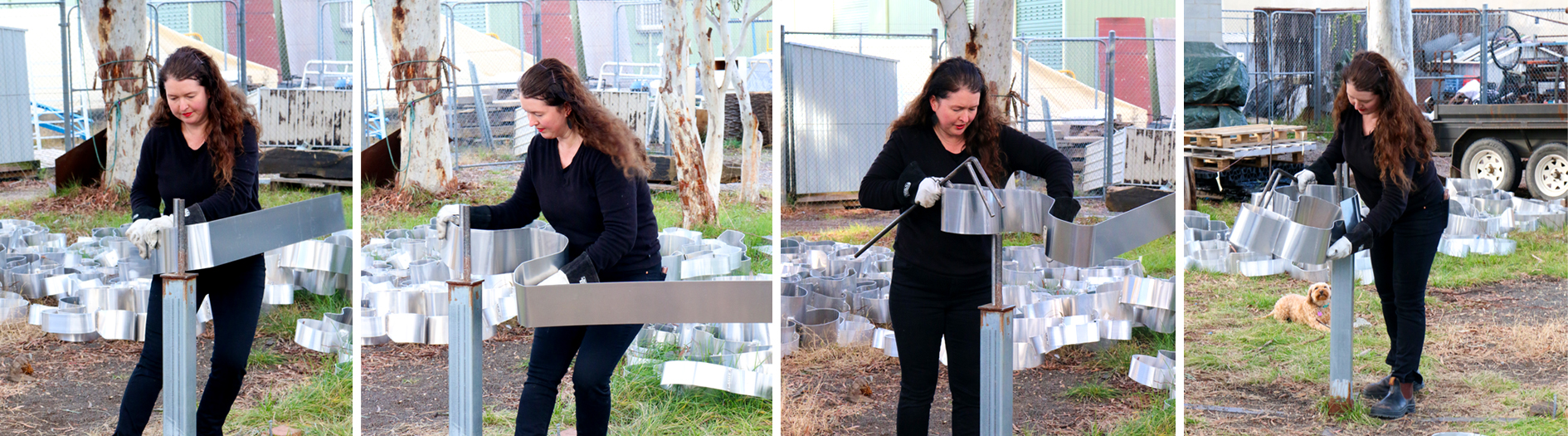 Four part image showing Hannah bending the organic shapes from flat aluminium outside her studio