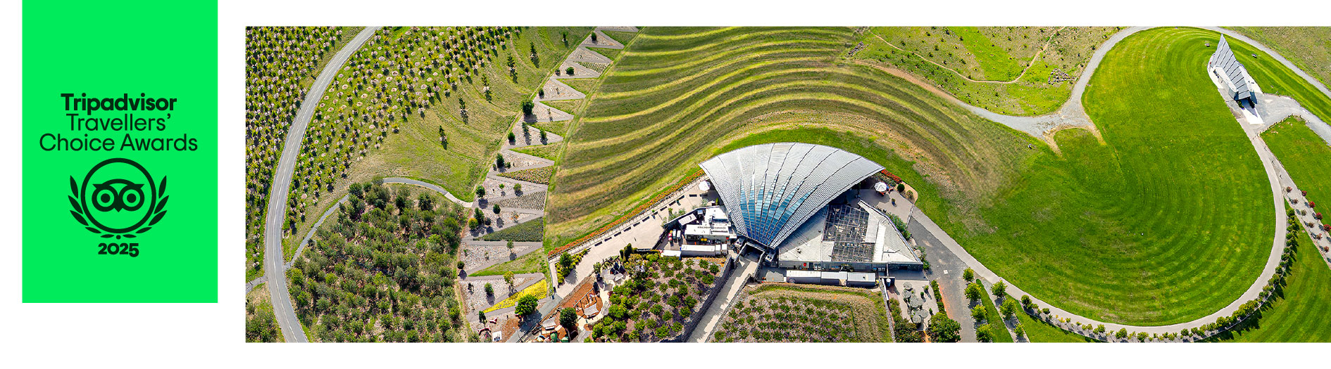 Aerial image of the Arboretum Visitors Centre and Central valley on a white background, the Tripadvisor logo stands out on a bright green banner on the top left.