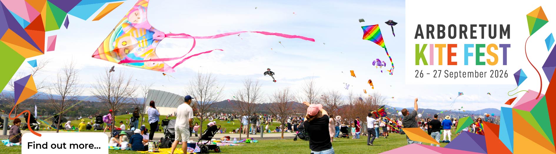 Crowds of families are picnicking and flying kites at the arboretum, with colourful 'kitefest' graphics overlaying the image