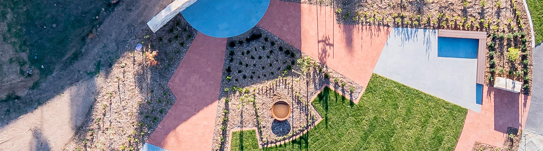 aerial perspective of designed garden with seedling starting to establish