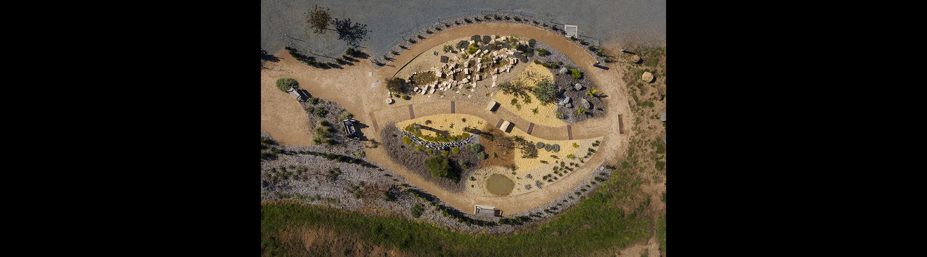 aerial perspective of designed garden with seedling starting to establish