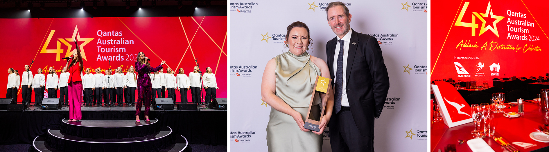 Collage of images, left: choir and 2 singers on stage infront of a red '40 Qantas Australian Tourism Awards 2024', Middle: Arboretum staff member Michelle McMahon holding gold award next to Executive Branch Manager, Visit Canberra, Jonathan Kobus, Right: Table setting with red graphic on screen in background. 