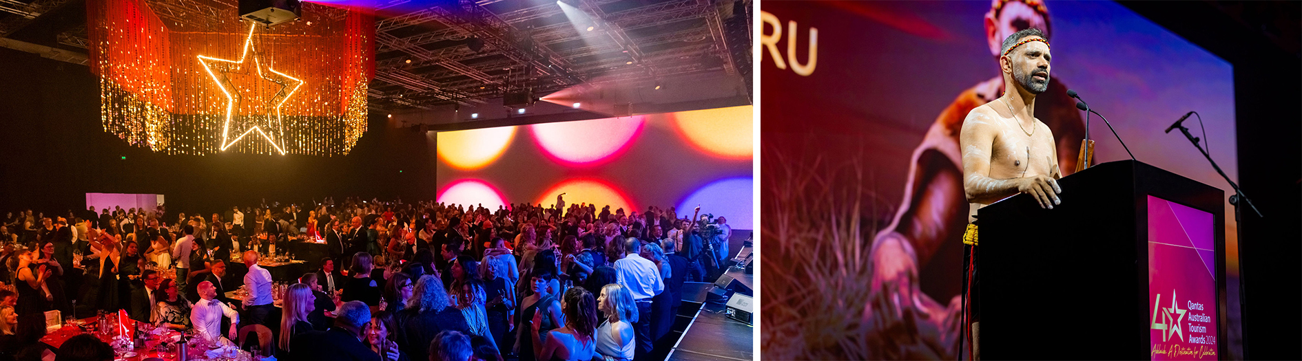 Image collage: Left image: Audience inside the Adelaide Convention Centre, lights project colours of red, orange and blue onto the crowd. Right image: Jack Buckskin, a proud Kaurna, Narrunga, and Wirangu man, provides a touching Welcome to Country on stage at the Adelaide Convention Centre. 