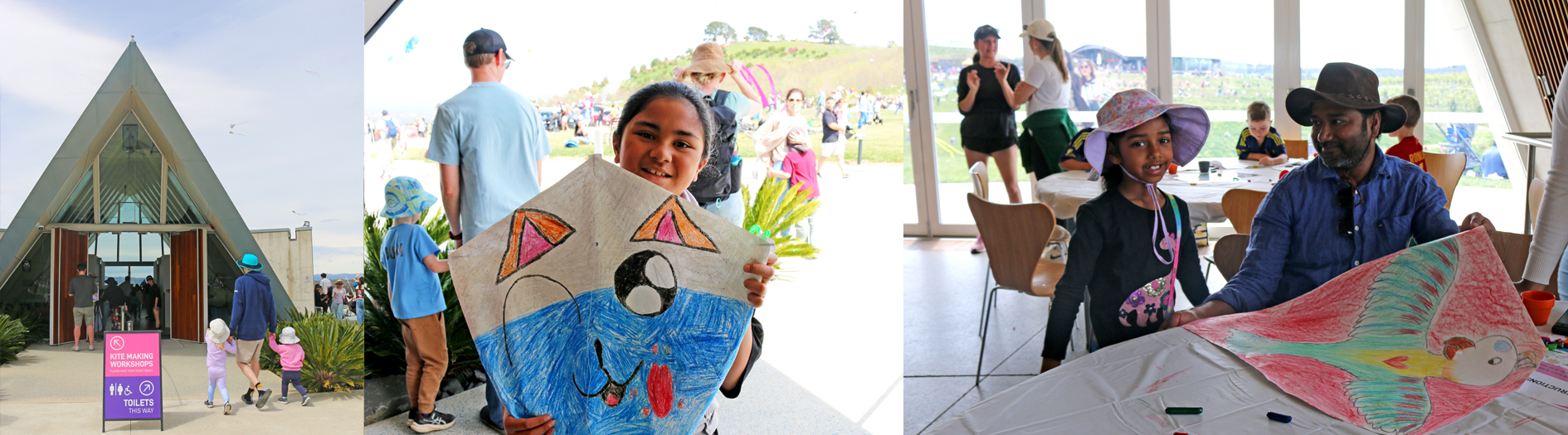A splitscreen image featuring the fun of a kite making workshop. The first image is the exterior of the pavilion with the colourful workshop sign outside. The next two images show children showing off their colourful hand decorated kites.