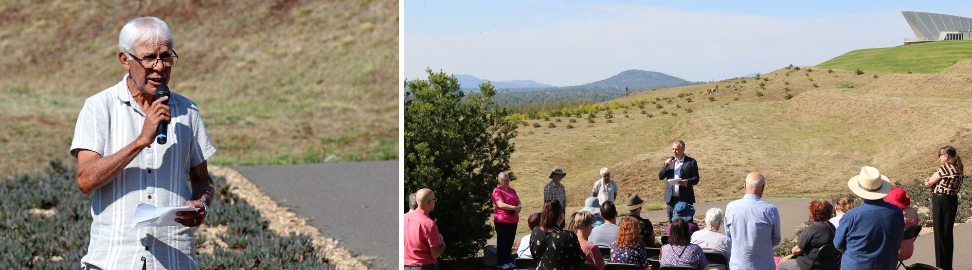 Uncle Warren Daly (indigenious elder) speaks into a microphone in front of the garden