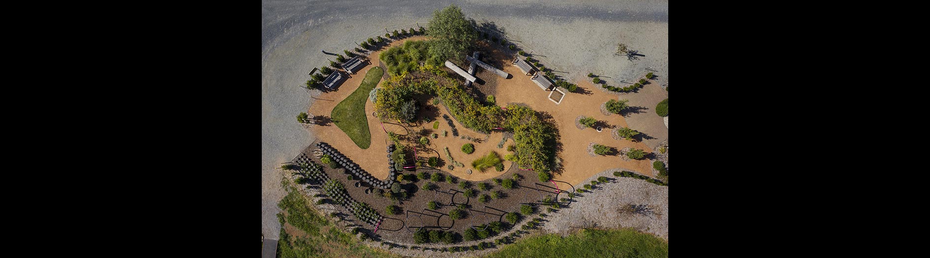 aerial perspective of 'childrens garden' in early years with young plants starting to establish