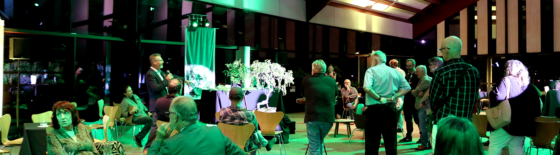 An audience watches an MC with a bonsai illuminated on stage