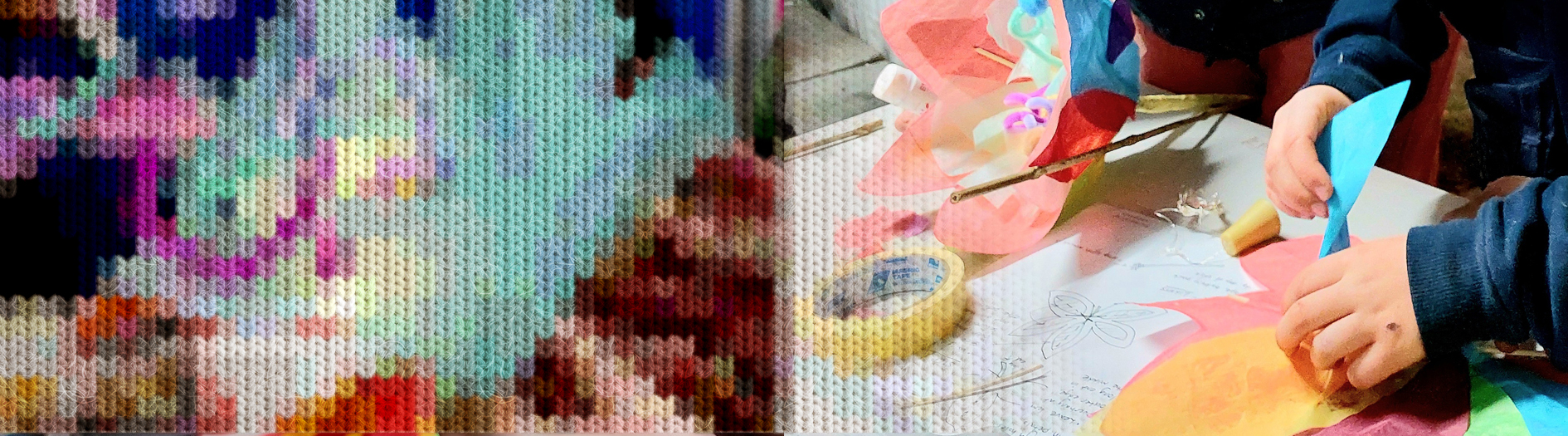 A childs hands fold paper carefully making a floral paper lantern. A knit effect overlay has been added to the corner of the image for a cosy winter effect