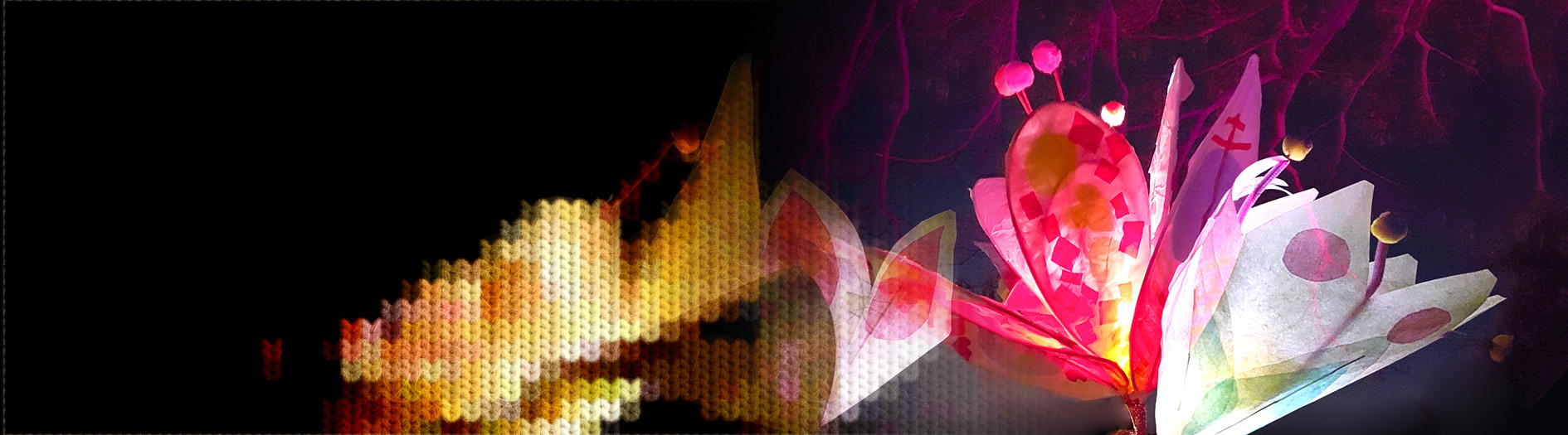 A colourful variety of paper flowers and plants light up against a dark background. A knit effect overlay in the corner of the image adds a wintery effect.