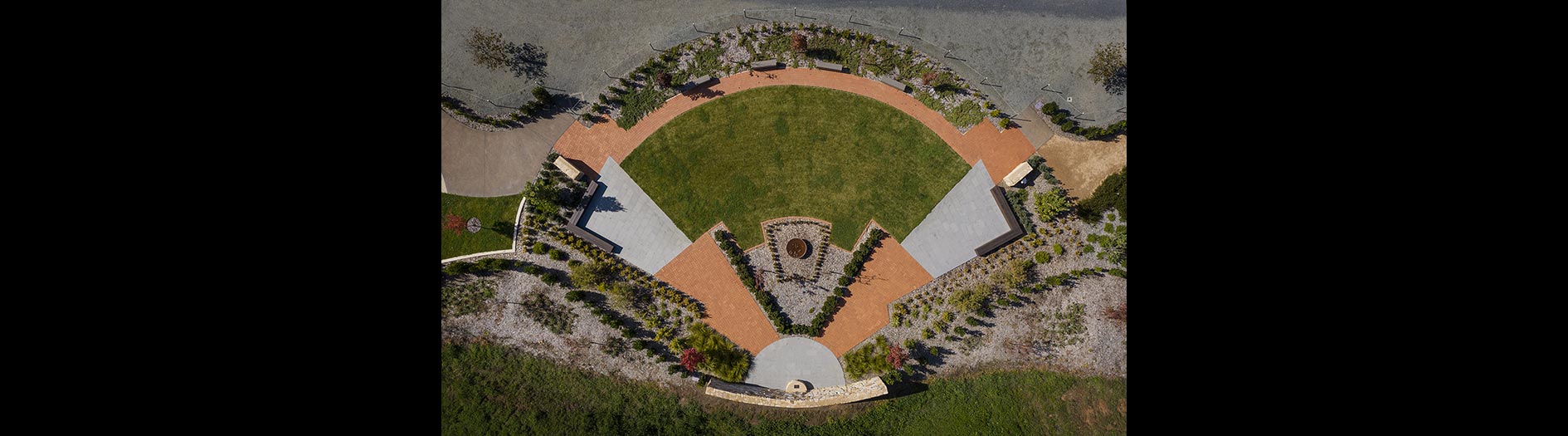 aerial perspective of designed garden with seedling starting to establish