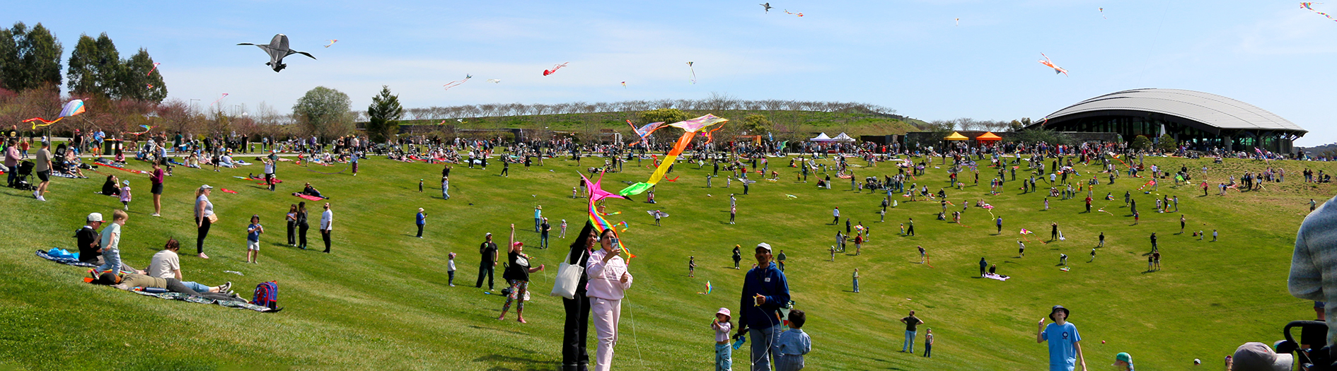The grass amphitheatre is filled with crowds having fun and flying colourful kites, with the arboretums landmark visitors centre in the background