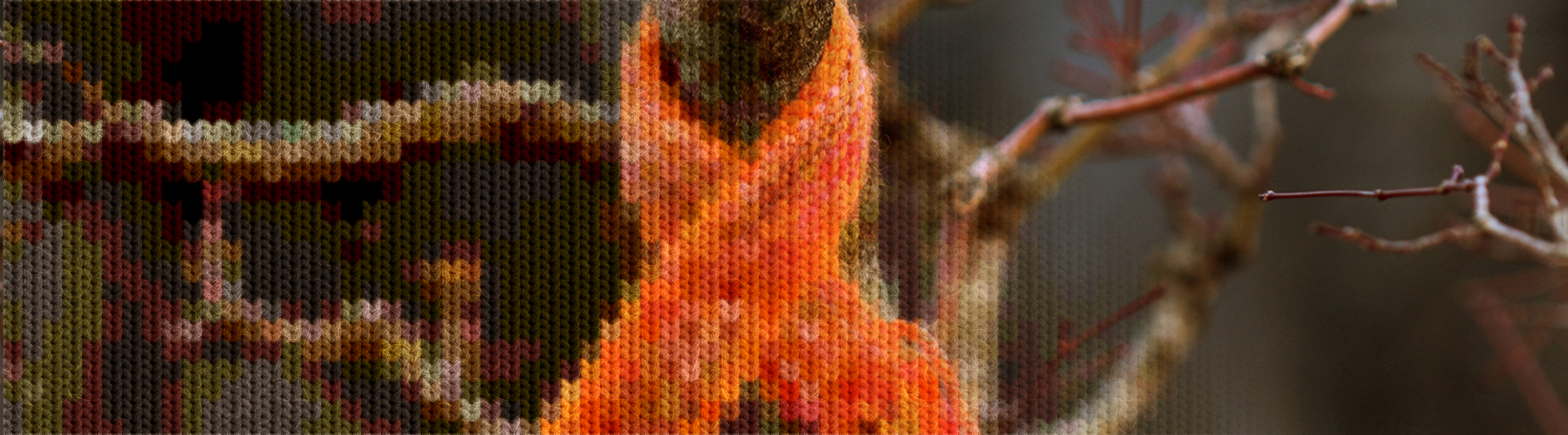 A delicate bonsai plant is wrapped in a tiny handmade scarf. A wool knit effect has been overlayed over the corner of the image to add a cosy feel