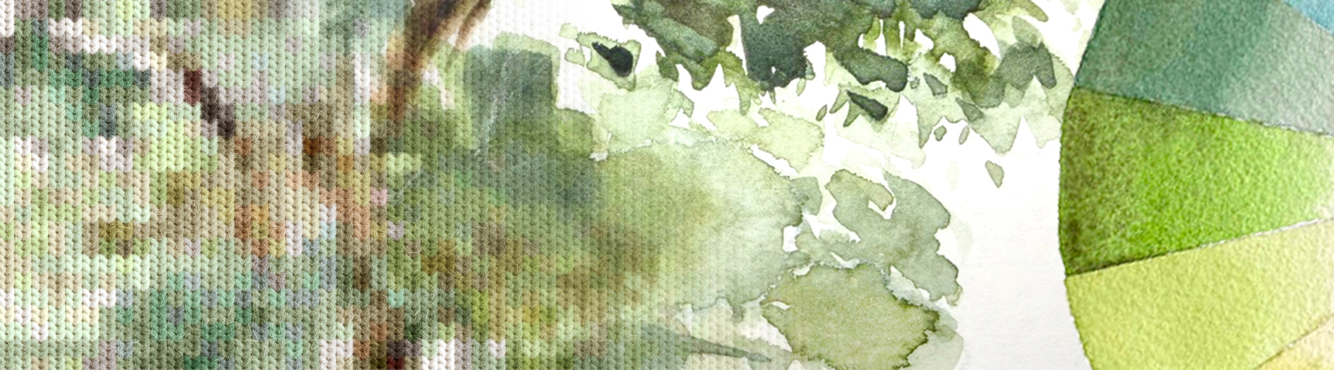 A watercolour painting of leafy green botanicals, next to a paint brush and colour wheel. A knit effect has been applied to the image to create a wintery effect