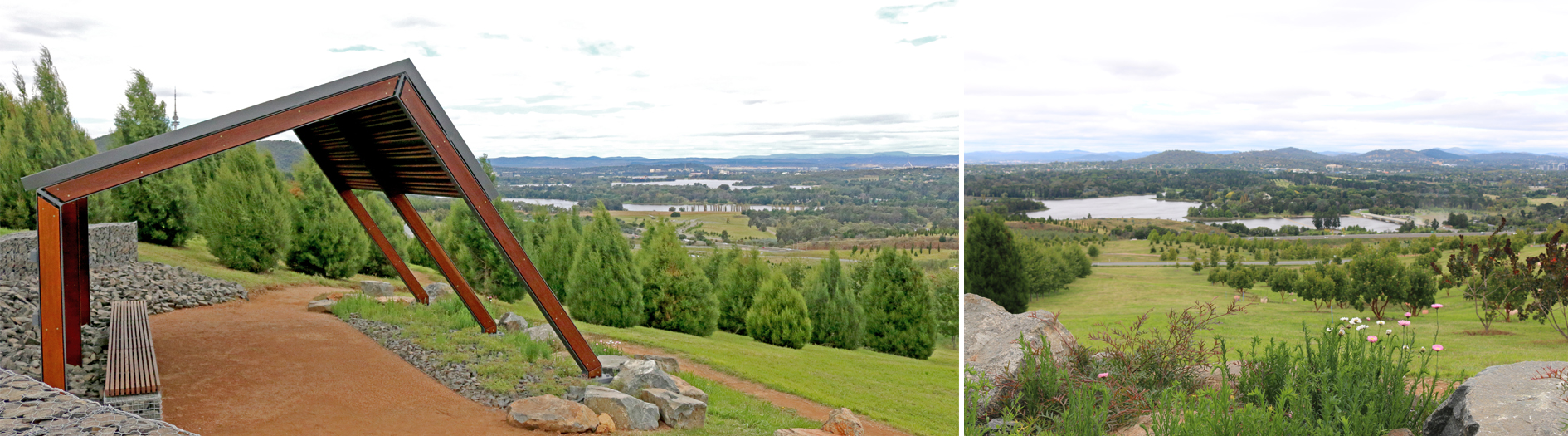 A forest shelter photographed from the side with a forest in the background. A second image on the right shows a grassy alley between two forests with the view of the lake.
