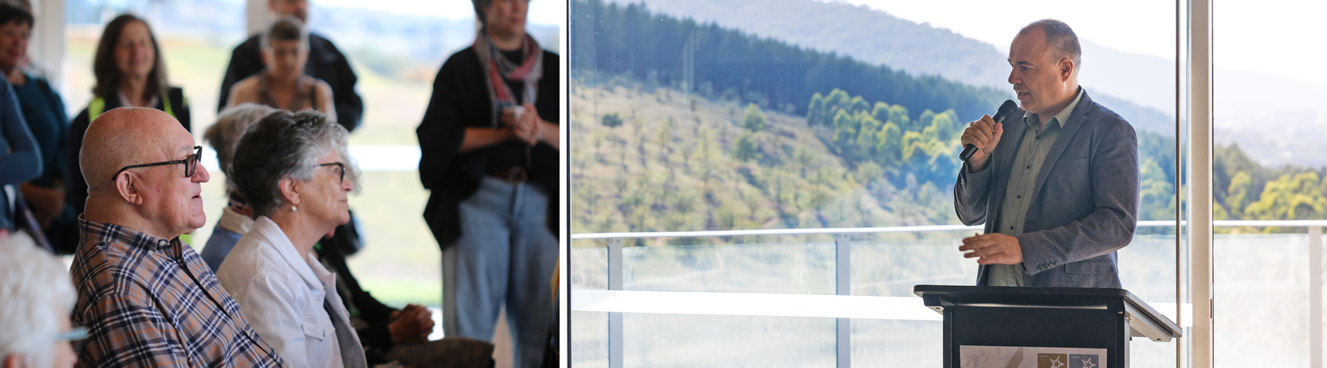 Two part image. On the left National Arboretum Patron and his wife listening to the speeches. On the right is Exeutive Branch Manager of the National Arboretum, speaking at the lectern.