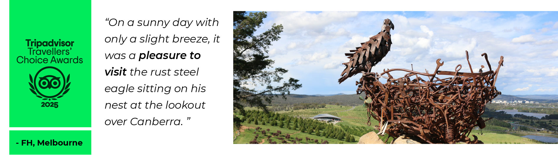 Image on a white background of 'Nest III' sculpture on top of Dairy Farmers Hill on a sunny day. the Tripadvisor logo stands out on a bright green banner on the top left.