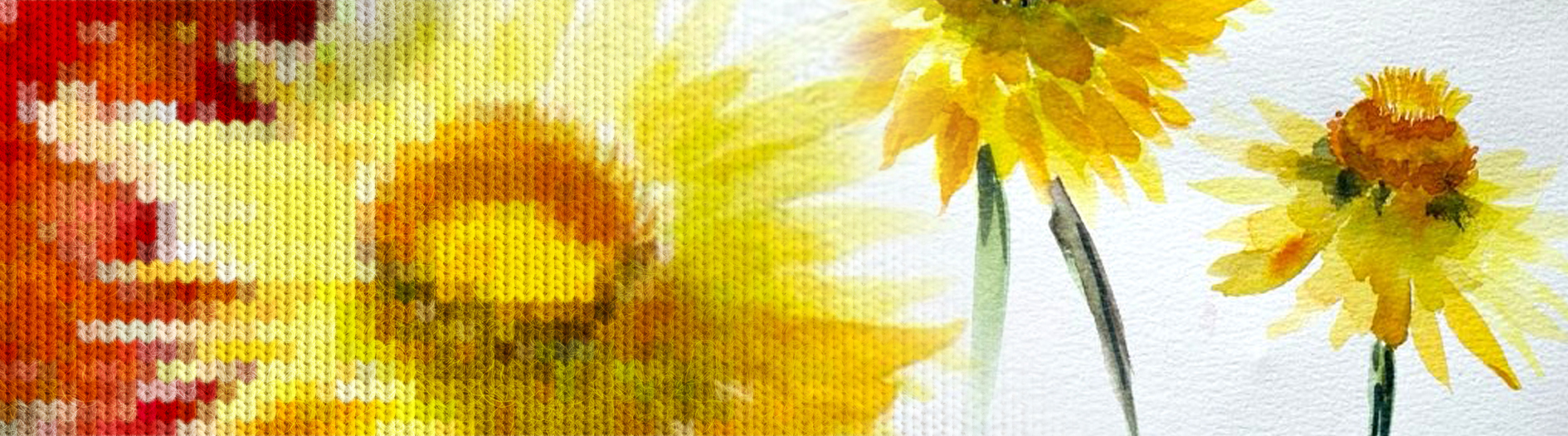 Knitted fabric pattern in warm reds and yellows blending into a soft watercolor painting of yellow flowers with green stems on a light background.