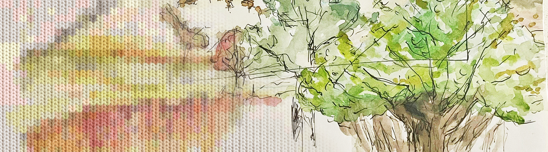 A colourful water colour image of native australian trees, with a knit effect overlay over the end of the image giving a cosy winter feel