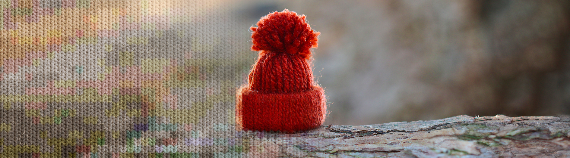 A small thumb sized handmade woollen beanie sits on rough bark branch. A woollen knit overlay has been added to the end of the image to create a cosy effect.