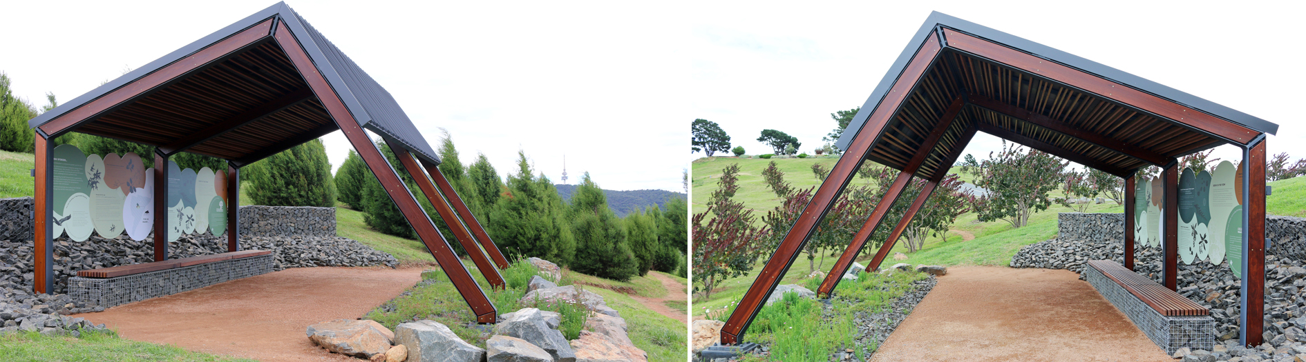 Two images side-by-side showing the forest shelter from either side with a multi-use track running through the shelter.