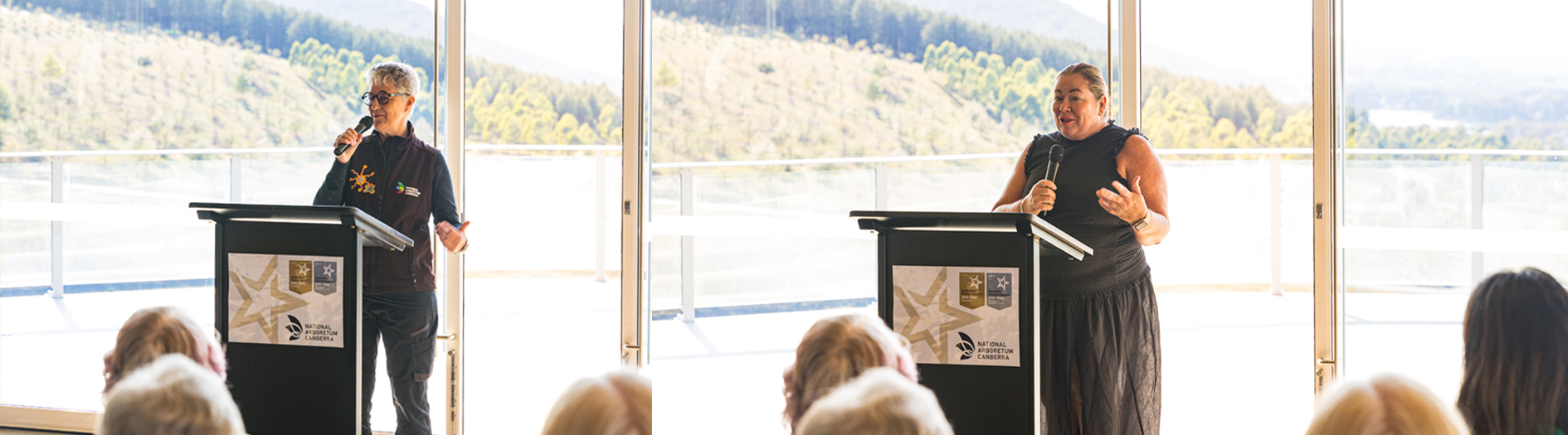 Two part image of speakers at the lectern. On the left, Diane Mutch, Community Engagement Officer at the National Arboretum Canberra, and on the right, Debra Beetham, Managing Director Canberra Region Tourism Industry Council.