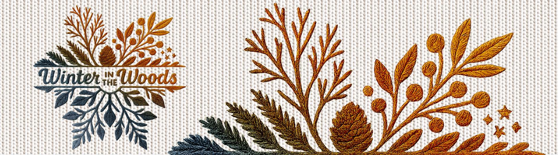 A snowflake logo is made up of leaf frond and seed shapes, in tones of navy and orange. A knit and embroidery effect has been applied to the logo, enhancing the wintery feel