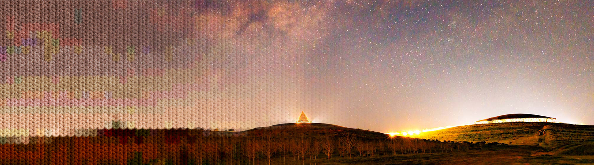 The milky way glows purple in the sky, with the hills of the arboretum silhouetted