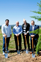(Left to Right) Sport Stars: Mal Meninga, Robert de Castella, Lauren Jackson and David Campese take a breather leaning on their shovels after planting Hoop Pines at the National Arboretum Canberra. Click for larger image.
