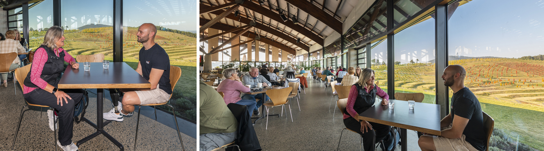 Side by side photo. The first image is two people sitting at a cafe table, the second is a wide image of the large space with lots of people at cafe tables