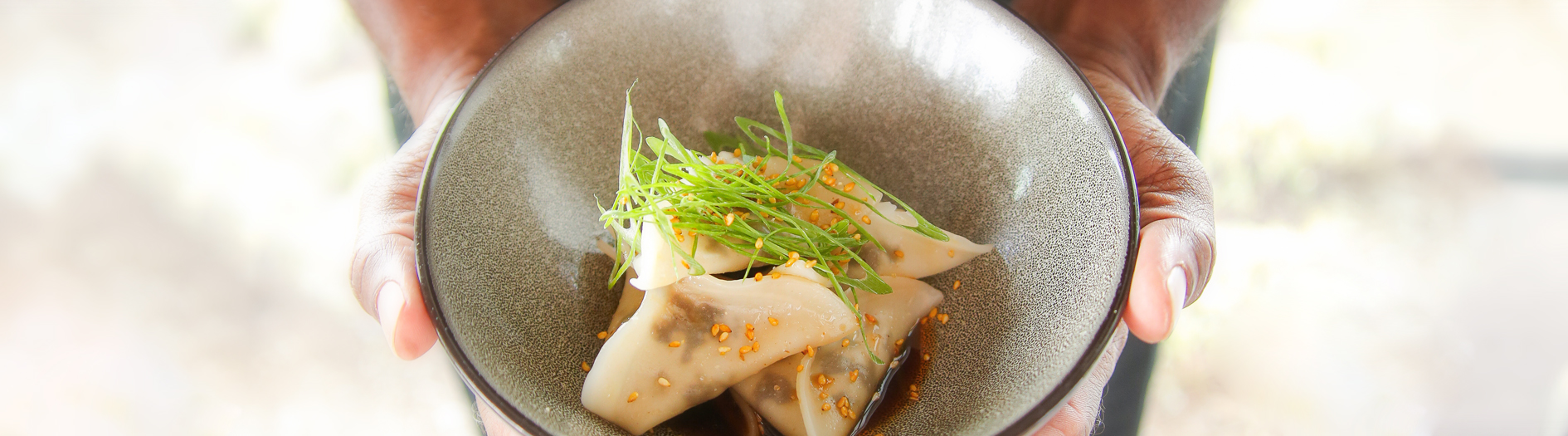 Close up of a waiter's hands holding a bowl with dumplings and garnish.